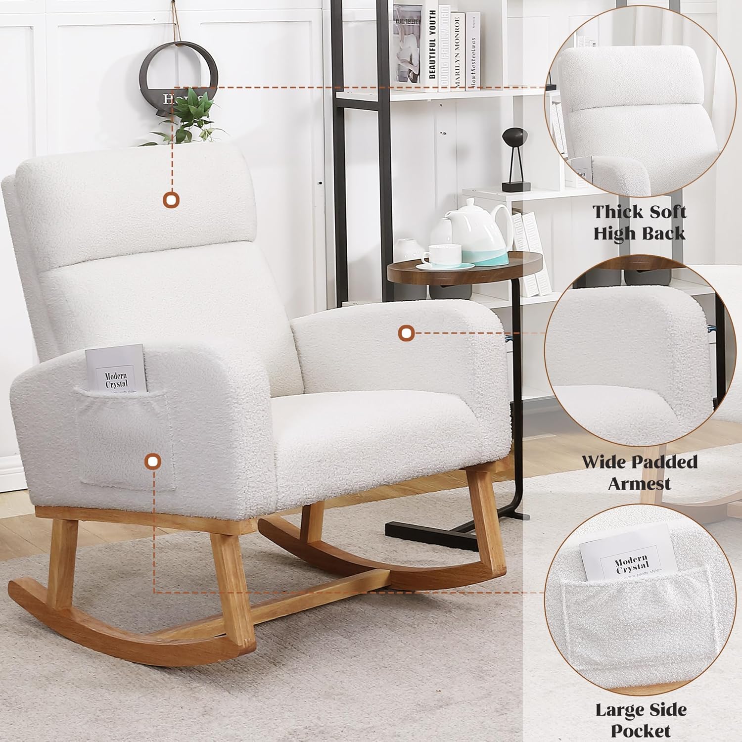 HCHAIRH Rocking Chair Nursery, Sherpa Nursing Rocking Armchair for Mom Nursery Morden Rocker Chair with High Backrest for Living Room,Bedroom,Teddy White