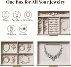 Jewelry Box Organizer Case for Women: 3-Layer Jewelry Storage Case with Glass Window, Olive Green Leather with Cream Velvet, Holder for Ring Necklace Bracelet Brooch Watch, Great Gift for Her