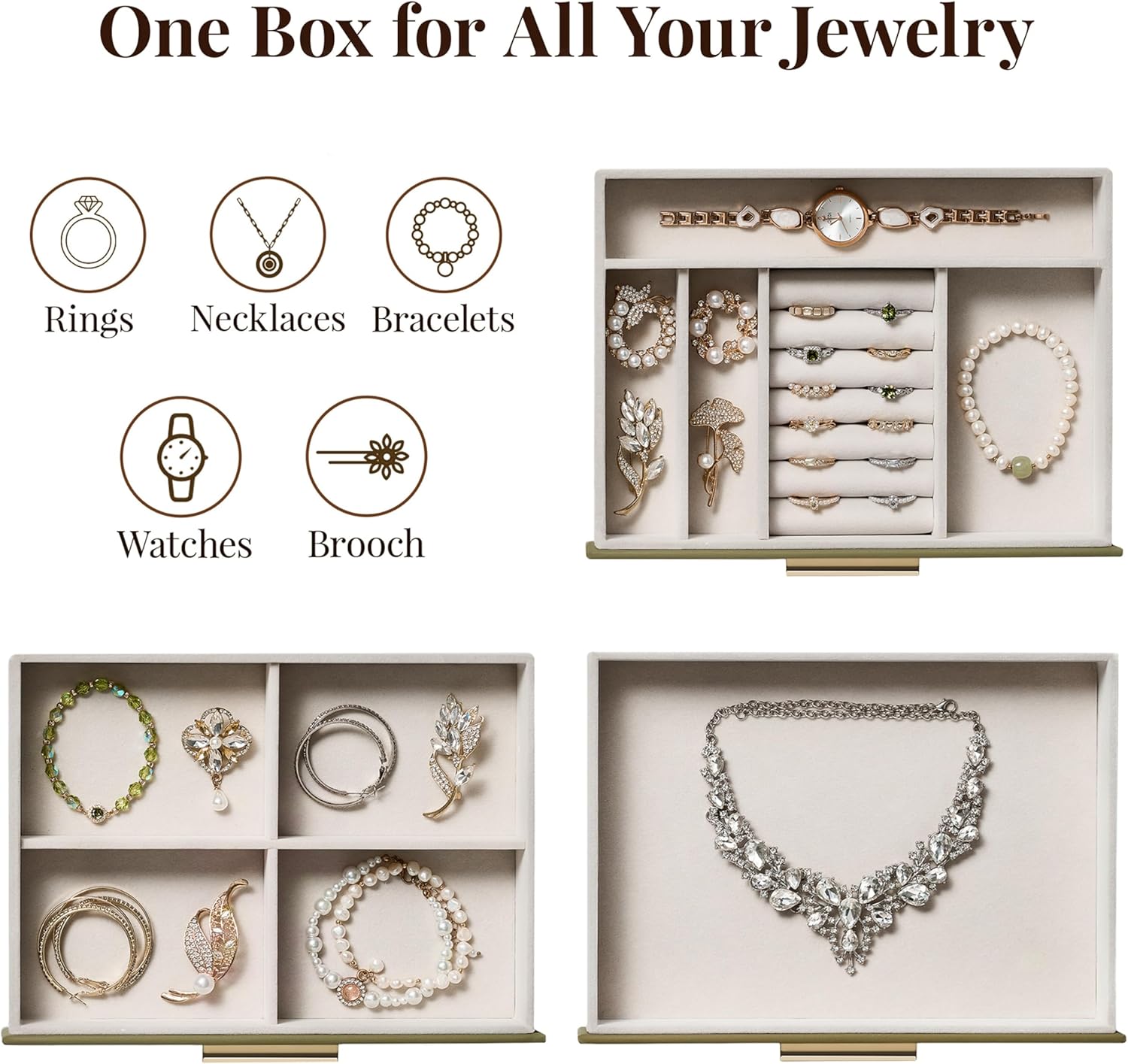 Jewelry Box Organizer Case for Women: 3-Layer Jewelry Storage Case with Glass Window, Olive Green Leather with Cream Velvet, Holder for Ring Necklace Bracelet Brooch Watch, Great Gift for Her