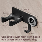 Hairdryer Holder Wall Mounted, Hair Dryer Mount Compatible with Dyson, Magnetic Hair Dryer Hook Adhesive Aluminum Alloy Blow Dryer Wall Mount for Bathroom Black No-Drill/Screw Installation UEMUSI