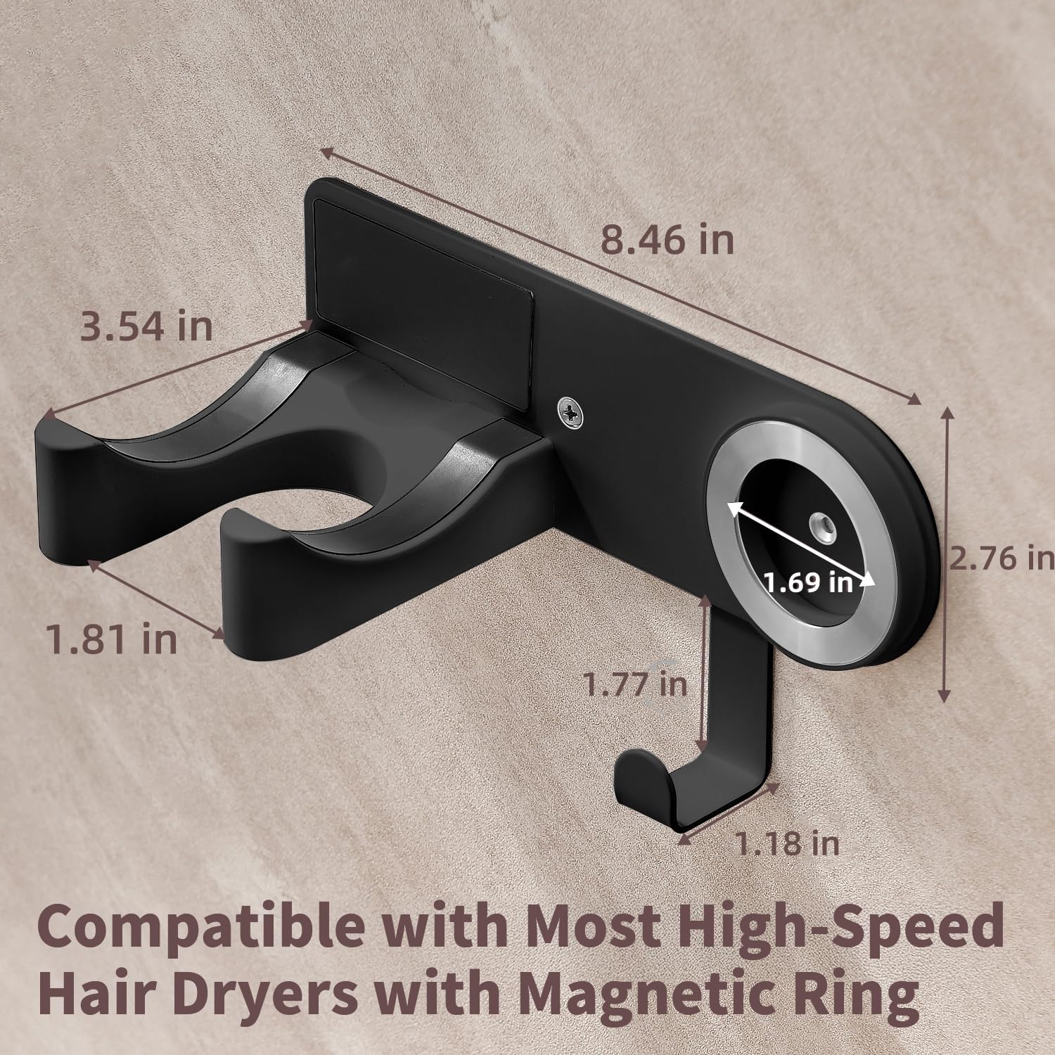 Hair Dryer Holder Wall Mounted, Blow Dryer Holder with Strong Magnet, Dyson Hair Dryer Holder Adhesive Aluminum Alloy Organizer for Bathroom Black UEMUSI
