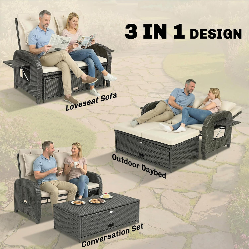 Outsunny Patio Rattan Daybed, Wicker Outdoor Daybed with Storage Ottoman, Lov...