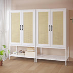 Wardrobe Closet, Wooden Closet Organizers with 2 Doors and Bottom Storage Shelf for Bedroom, Almirah for Clothes, Rattan Wardrobe Cabinet with Hanging Rail and Soft Hinge, Metal Leg(White)