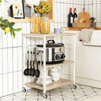 Giantex Kitchen Bakers Rack 3-Tier Microwave Cart on Wheels, Industrial Utility Bar Cart with 10 Hooks Metal Frame Wood Storage Shelves, Rolling Microwave Stand, Maple & White