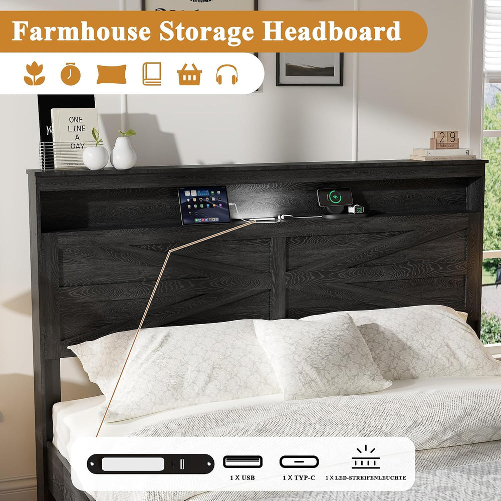 Queen Size Farmhouse Wooden Bed Frame with Storage Headboard