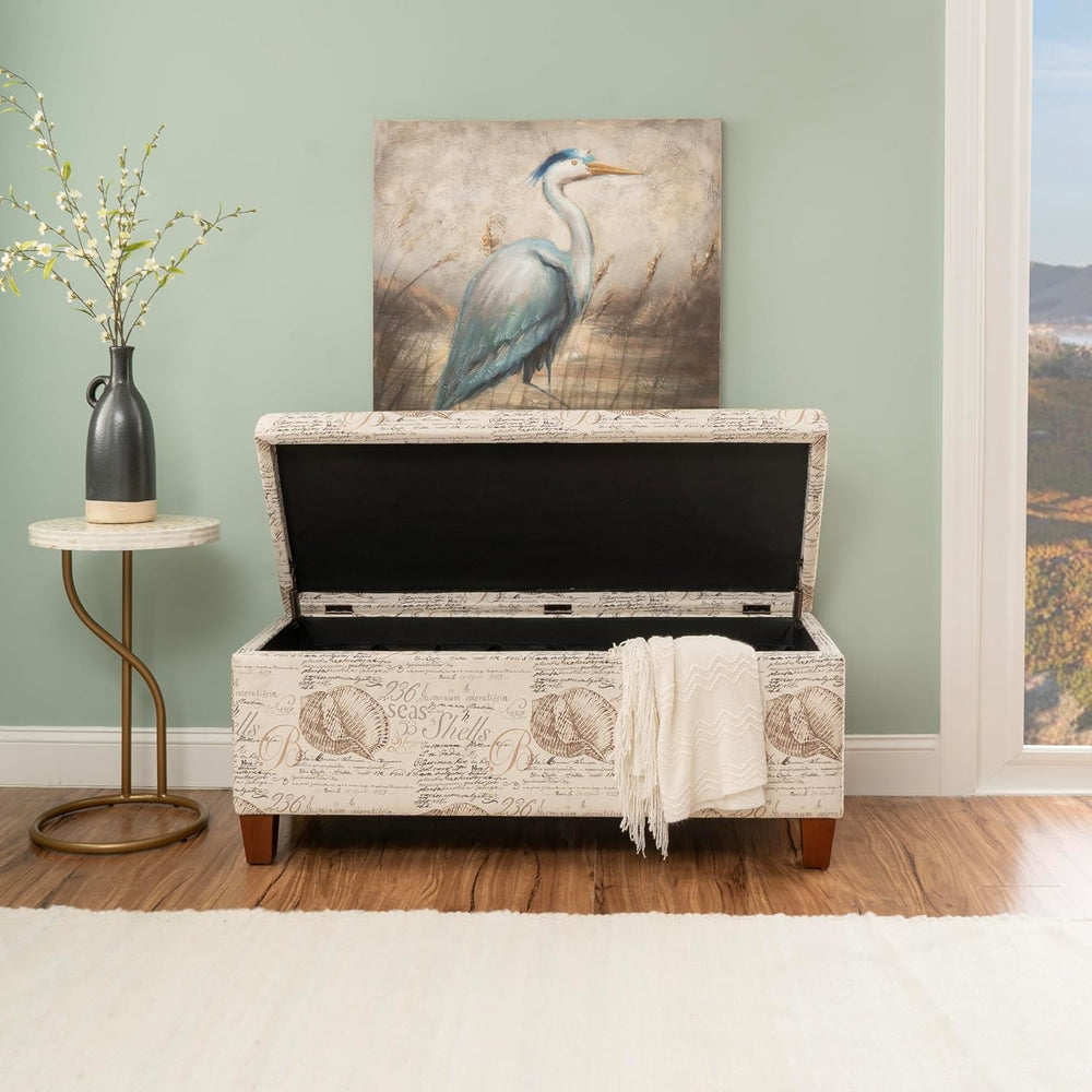 Linon Carmen Ivory and Beige Seashell Upholstered Lift Top Storage Ottoman wi...