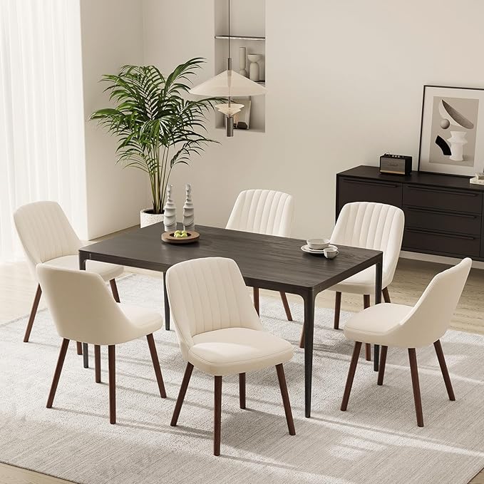 Upholstered Dining Chairs Set of 6, Modern Fabric Kitchen Chairs with Back, Wood Legs for Kitchen Dining Room Restaurant, Beige