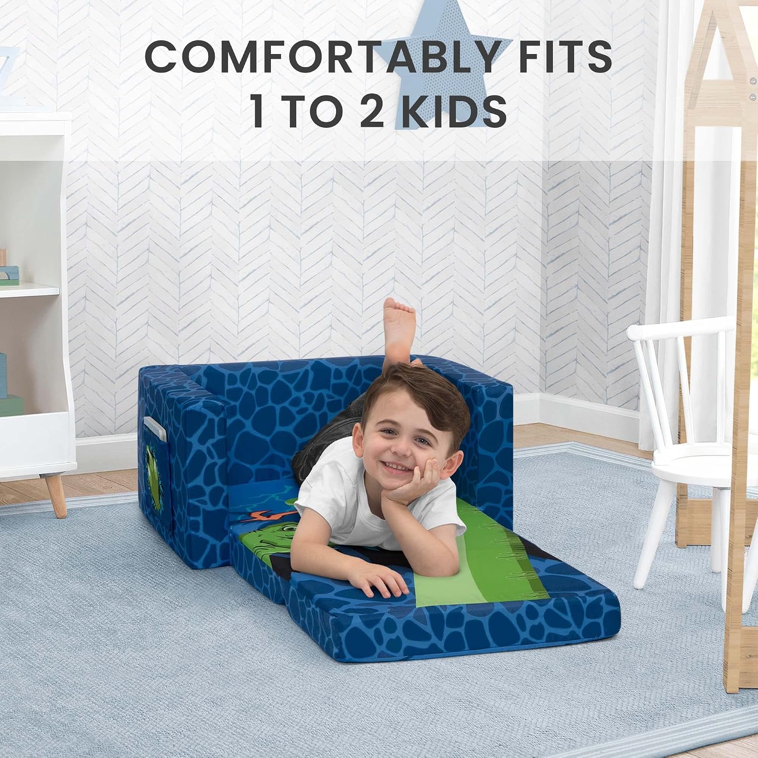 Delta Children Cozee Kids Couch 2-Seater Kids Sofa, Convertible 2-in-1 Flip Open Toddler Couch Sleeper, Foam Chair for Playroom & Bedroom, Bed Lounger, Comfy Play Sleeping Lounge Chair, Dinosaur