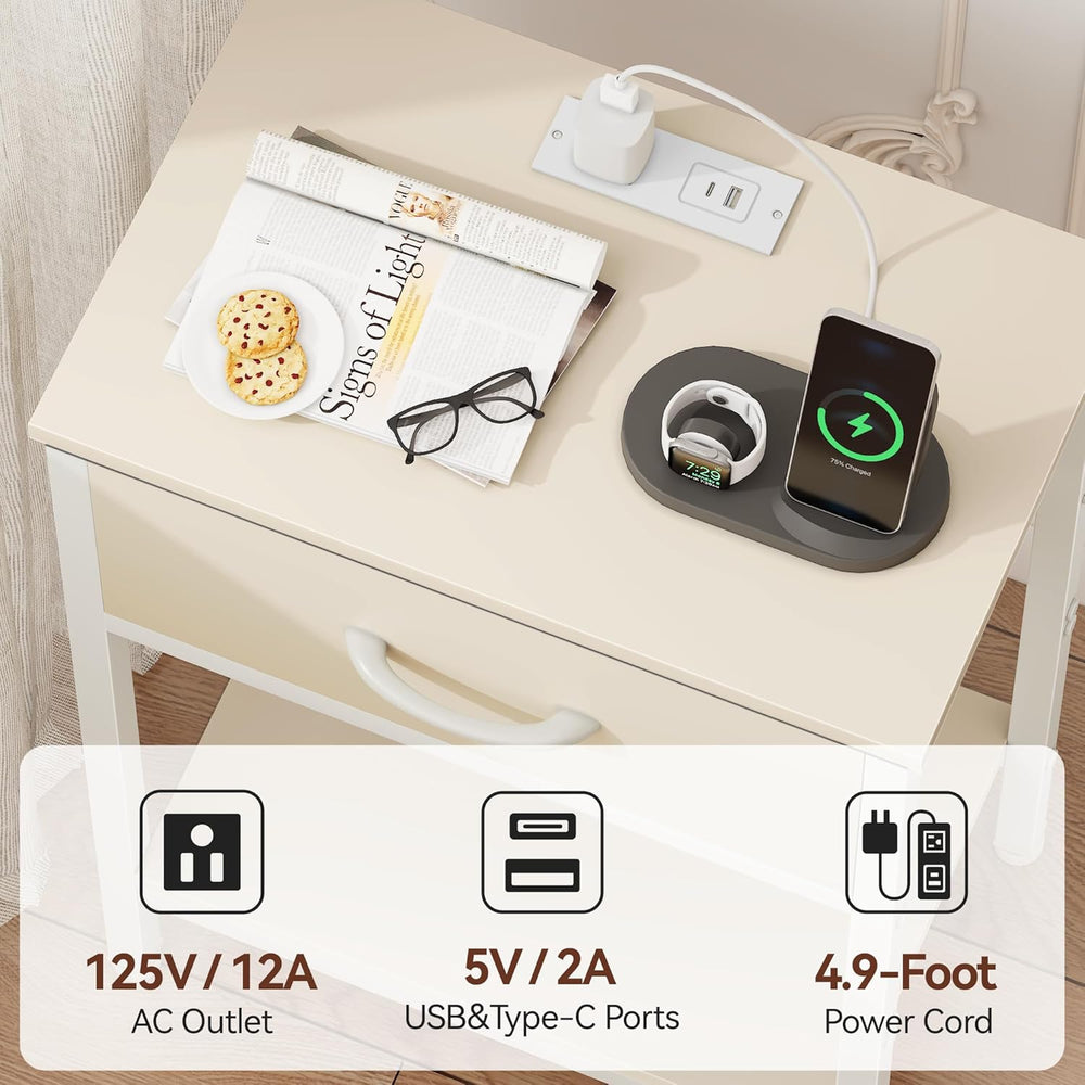 Vagusicc Nightstand with Charging Station, End Table with Fabric Drawer, Smal...