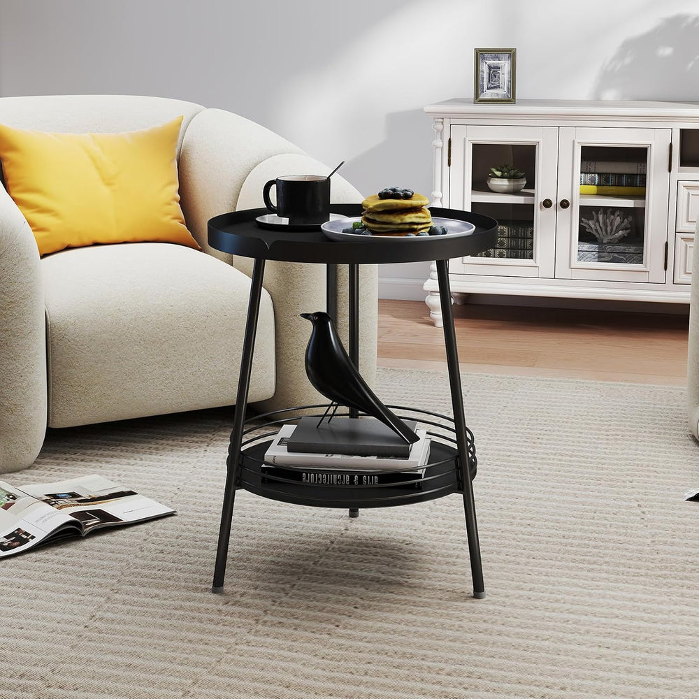 Benkyo 2 Tier Black Metal Round Side Table Tiered Two Shelf Storage Coffee So...