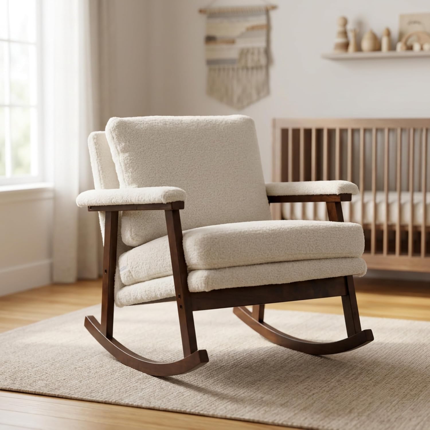 Rocking Chair Nursery, Compact Glider Rocking Chair for Indoor Use, Small Upholstered Rocker Chair for Bedroom Living Room, Teddy Fleece Accent Chair,White