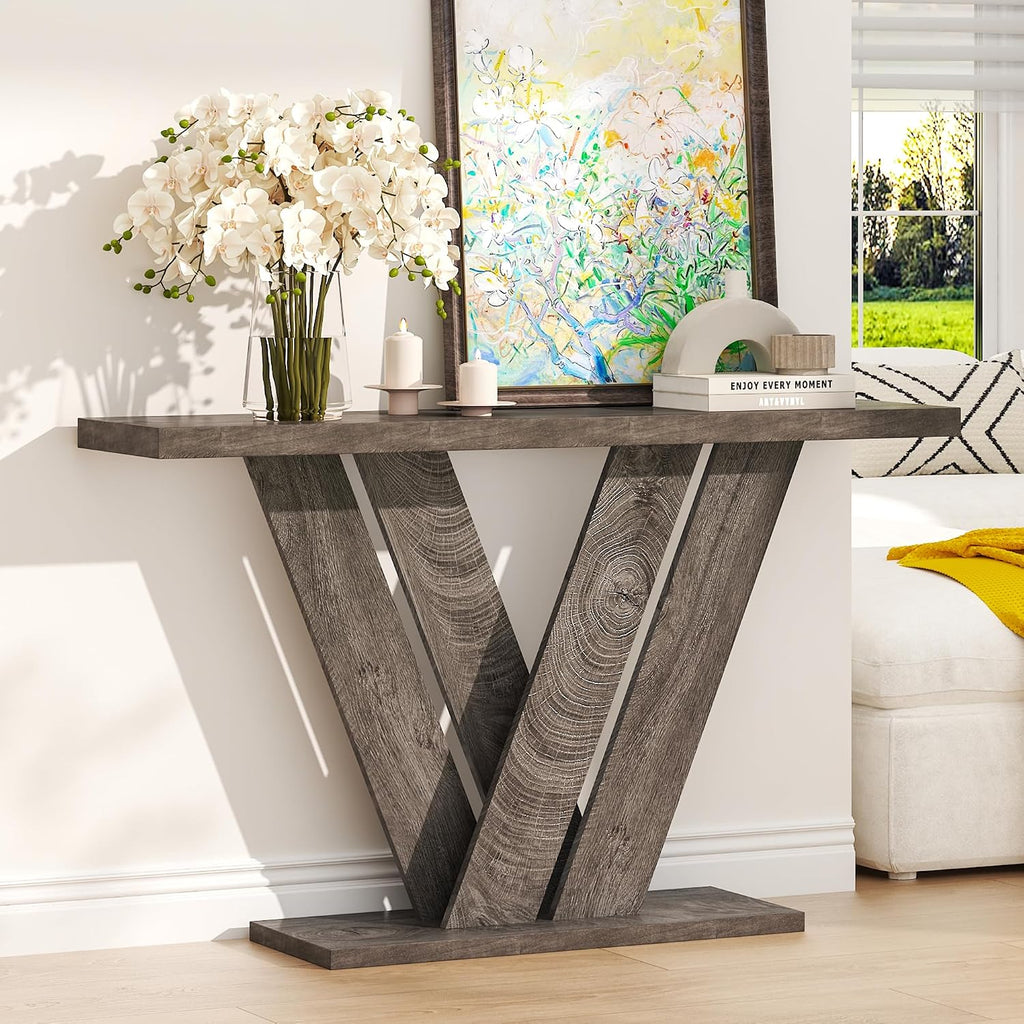 karlott 51" Console Table, V-Shaped Entryway Table, Wood Sofa Table Behind Couch, Grey