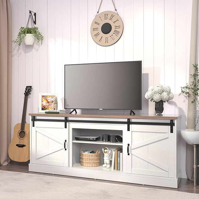 Kurapika Farmhouse TV Stand and Entertainment Center for TV Up to 75 Inch, with Sliding Barn Doors and Adjustable Shelf, Console Table and Media Furniture with Storage Cabinet, 67 Inch, White