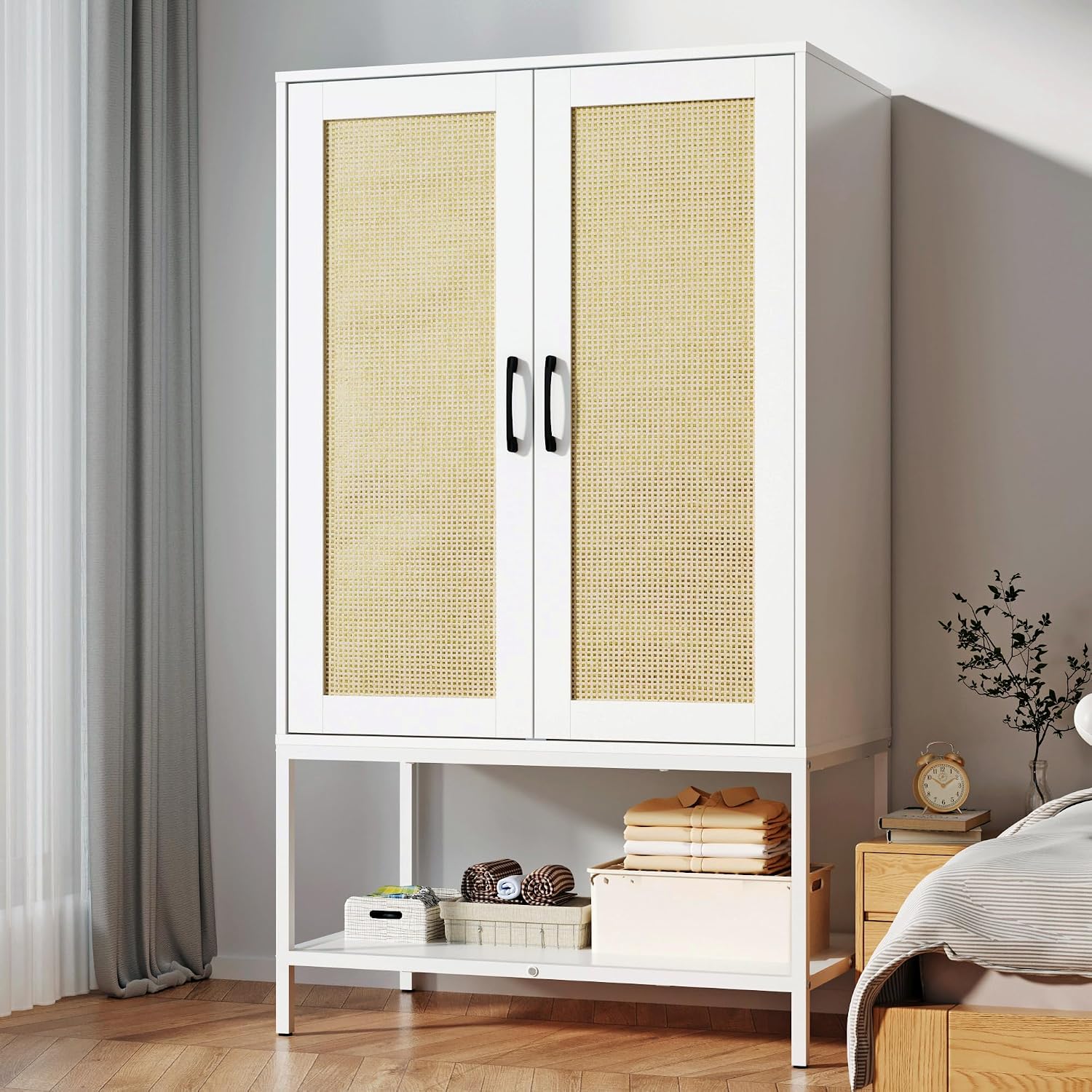 Wardrobe Closet, Wooden Closet Organizers with 2 Doors and Bottom Storage Shelf for Bedroom, Almirah for Clothes, Rattan Wardrobe Cabinet with Hanging Rail and Soft Hinge, Metal Leg(White)