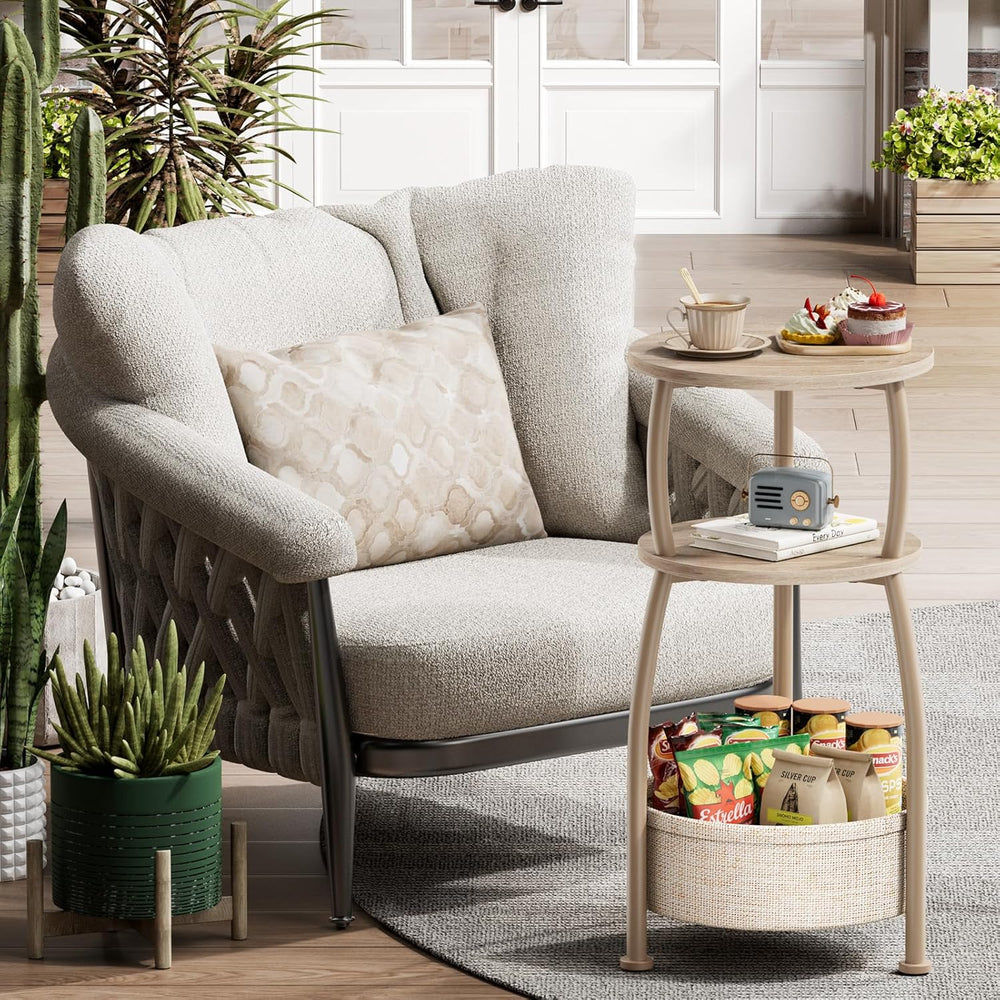 Small Side Table with Storage Basket, Space Saving Round End Table 3-Tier Bed...