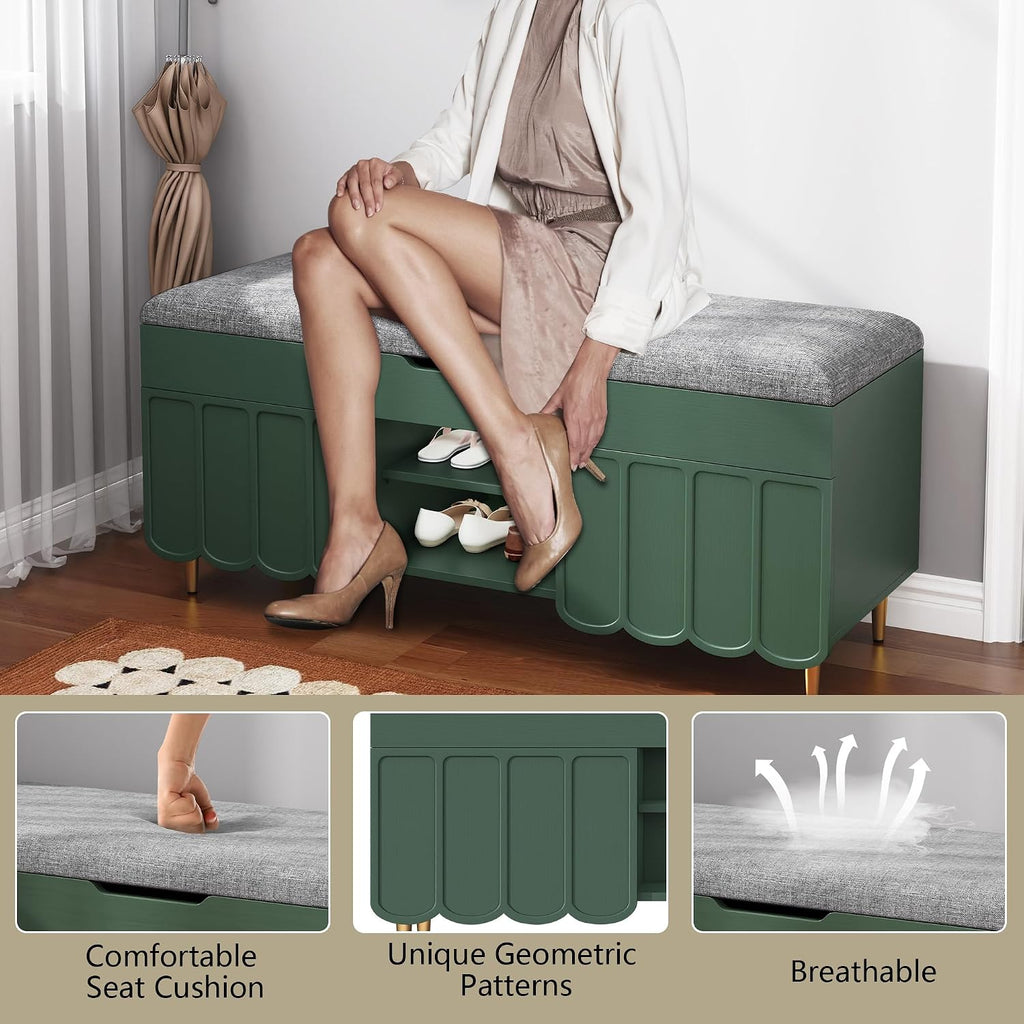 3More 40" Entryway Shoe Storage Bench,Upholstered Hidden Space Beneath Seat Cushion Bench,2-Tier Unique Geometric Shape with Wood Grain,Green