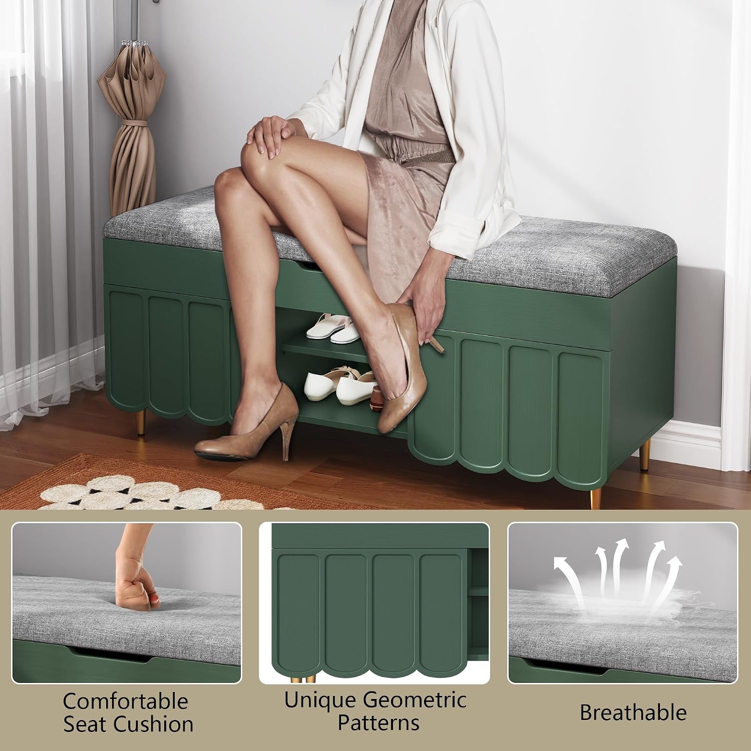 3More 40" Entryway Shoe Storage Bench,Upholstered Hidden Space Beneath Seat Cushion Bench,2-Tier Unique Geometric Shape with Wood Grain,Green