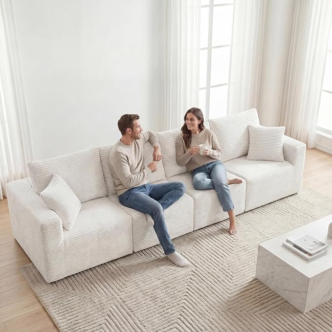 Homall Sectional Couches for Living Room, Modern Boneless Couch with Deep Seat, Upholstered Cloud Sofa, No Assembly Required (Beige, Four-Seater Sofa)
