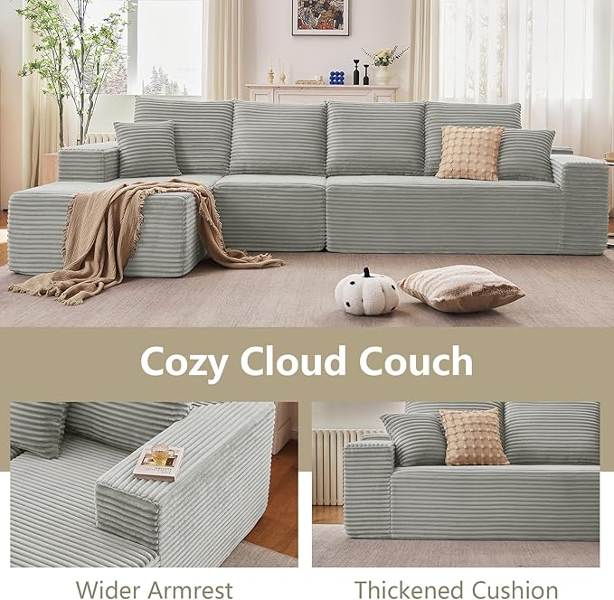 135" Cloud Sectional Couch with L-Shape Chaise, Upholstered Corduroy Couches Sleeper Chaise Longue, Modern Modular Comfy Deep Seat Sofa for Living Room Bedroom, No Assembly Required, Grey