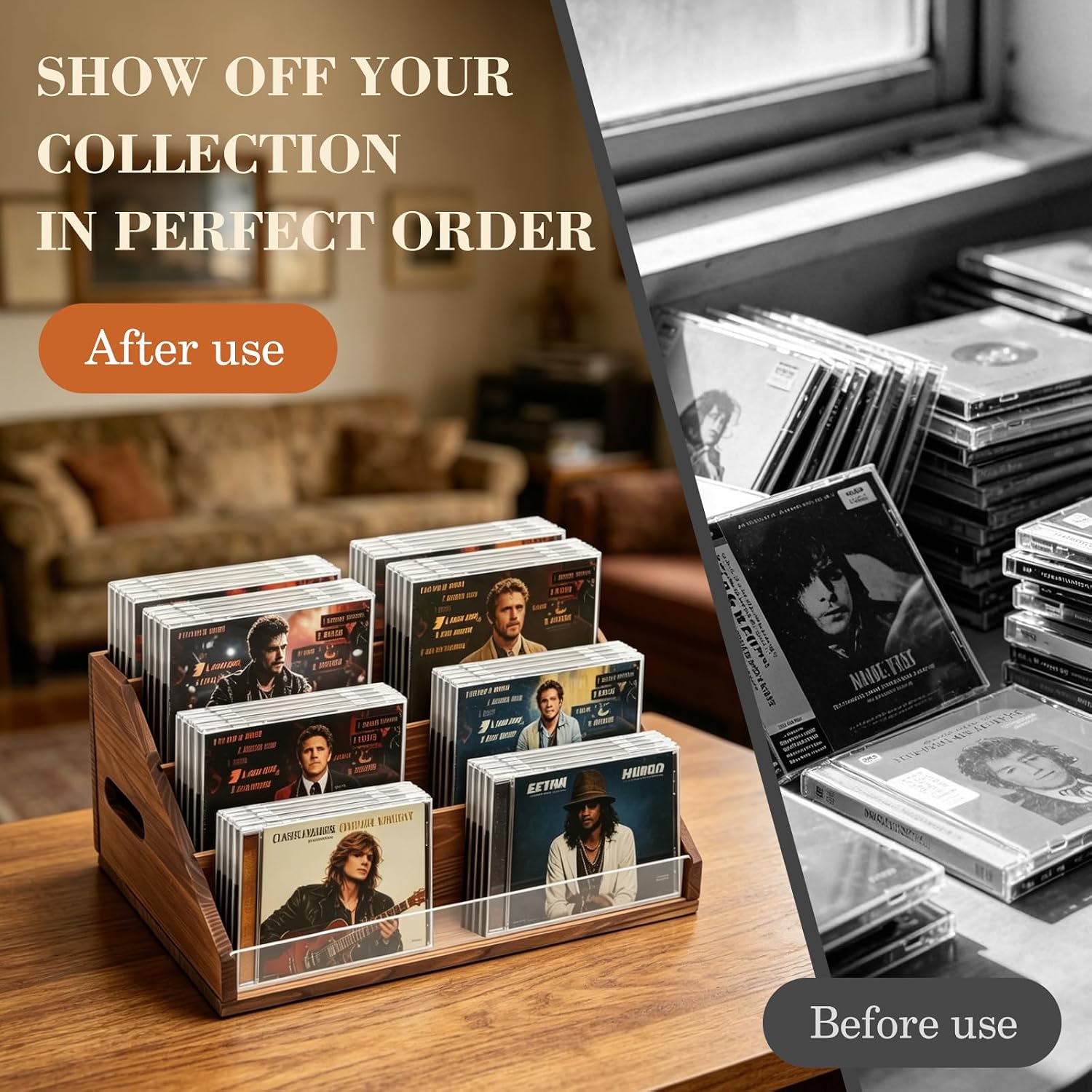Rustic Wood CD Display Stand（Organizer 32 CDs）, 4-Tiered Tabletop CD Rack Storage Shelf Holds for CD Collection, Brown, Retro