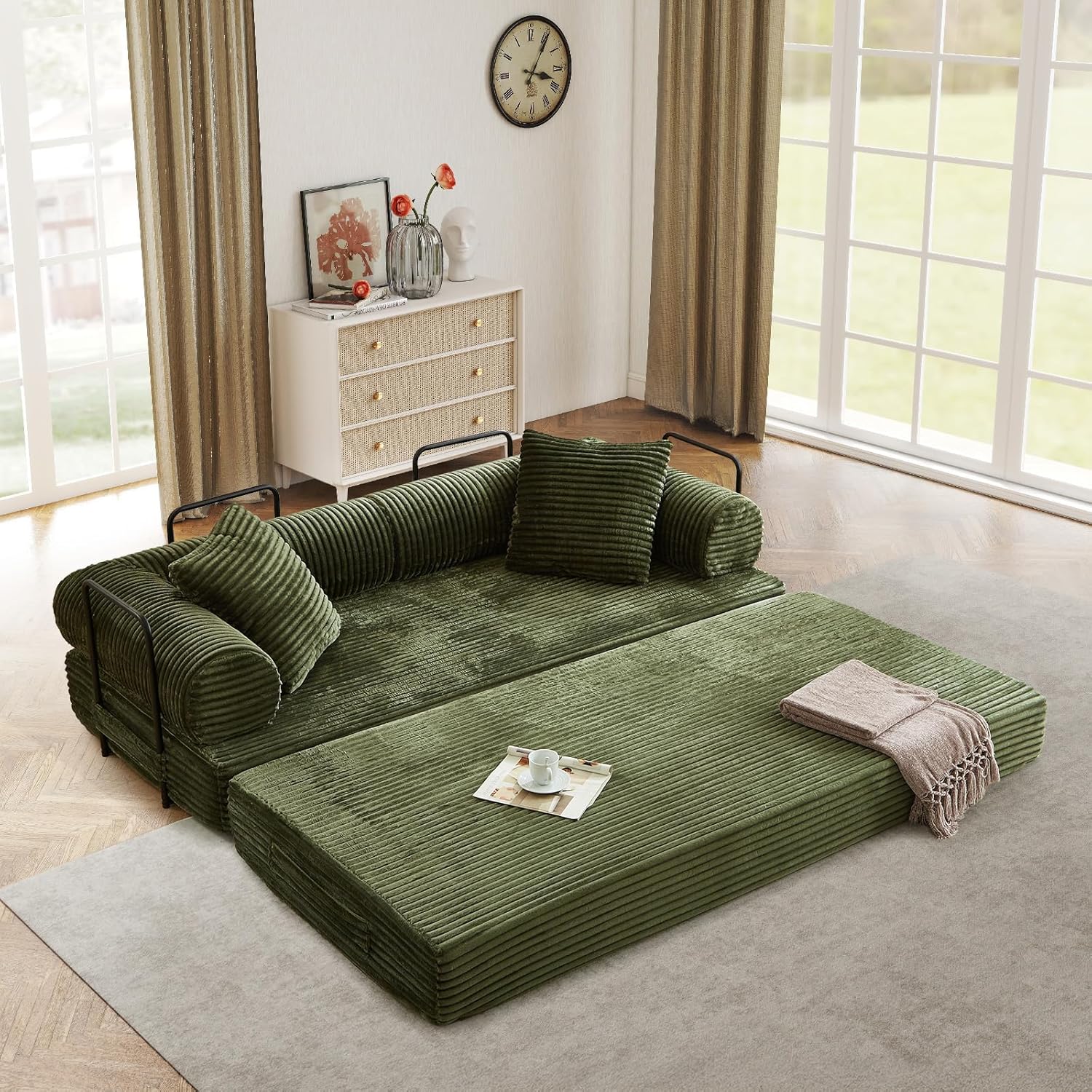 Antetek Modular Couch Bed, Convertible Folding Plush Corduroy Comfy Floor Compression Loveseat Sleeper Sofa Couch, King Size Bed for Guest Room Living Room Bedroom, No Assembly Required, Green