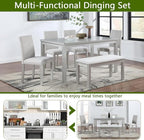 KEIKI 6-Piece Standard Height Dining Table Set with Rectangular Table, 4 Upholstered Chair, Bench, for 6 Person, Crystal Decoration Table Set, Easy Assembly, for Kitchen, Dining Room, Silver Grey