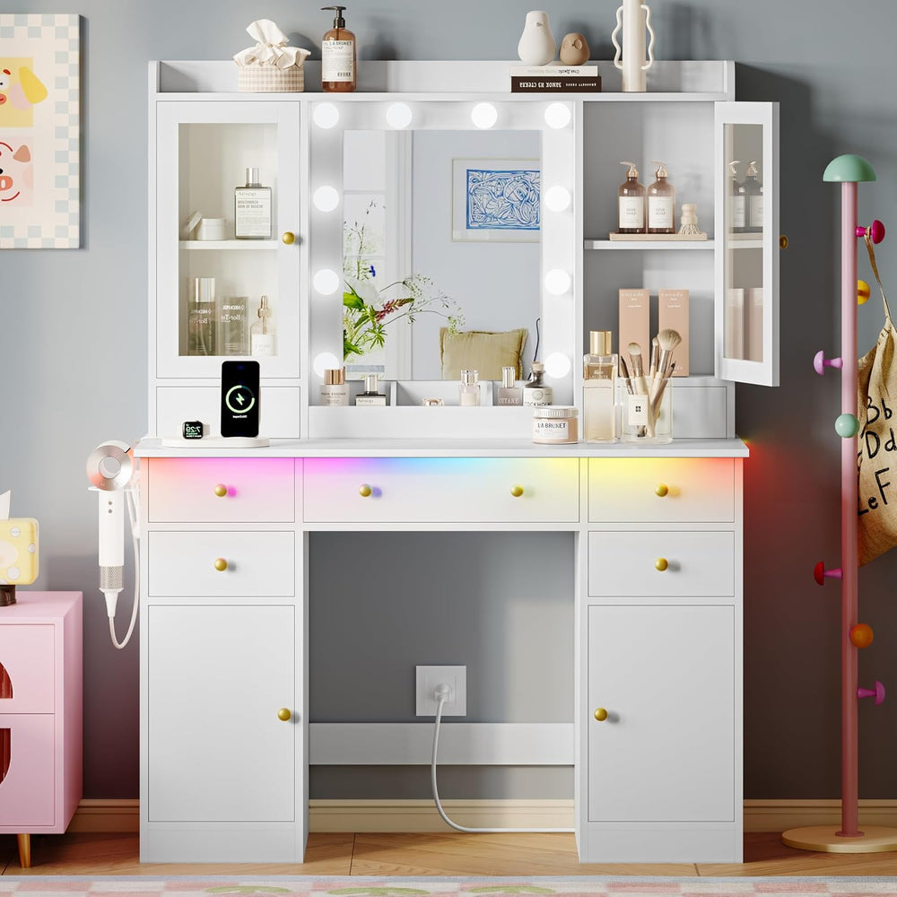 Xixini 44" Vanity Desk with Mirror & Lights, Glass Storage Cabinets,...