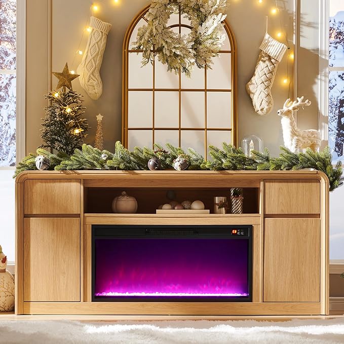 Modern Fireplace TV Stand with 36"LED Electric Fireplace for 80 inch TVs, 32"Tall Entertainment Center w/Drawers &Adjustable Shelves, Wood Media Console w/Curved Profile Design for Living Room,Natural