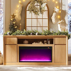 Modern Fireplace TV Stand with 36"LED Electric Fireplace for 80 inch TVs, 32"Tall Entertainment Center w/Drawers &Adjustable Shelves, Wood Media Console w/Curved Profile Design for Living Room,Natural