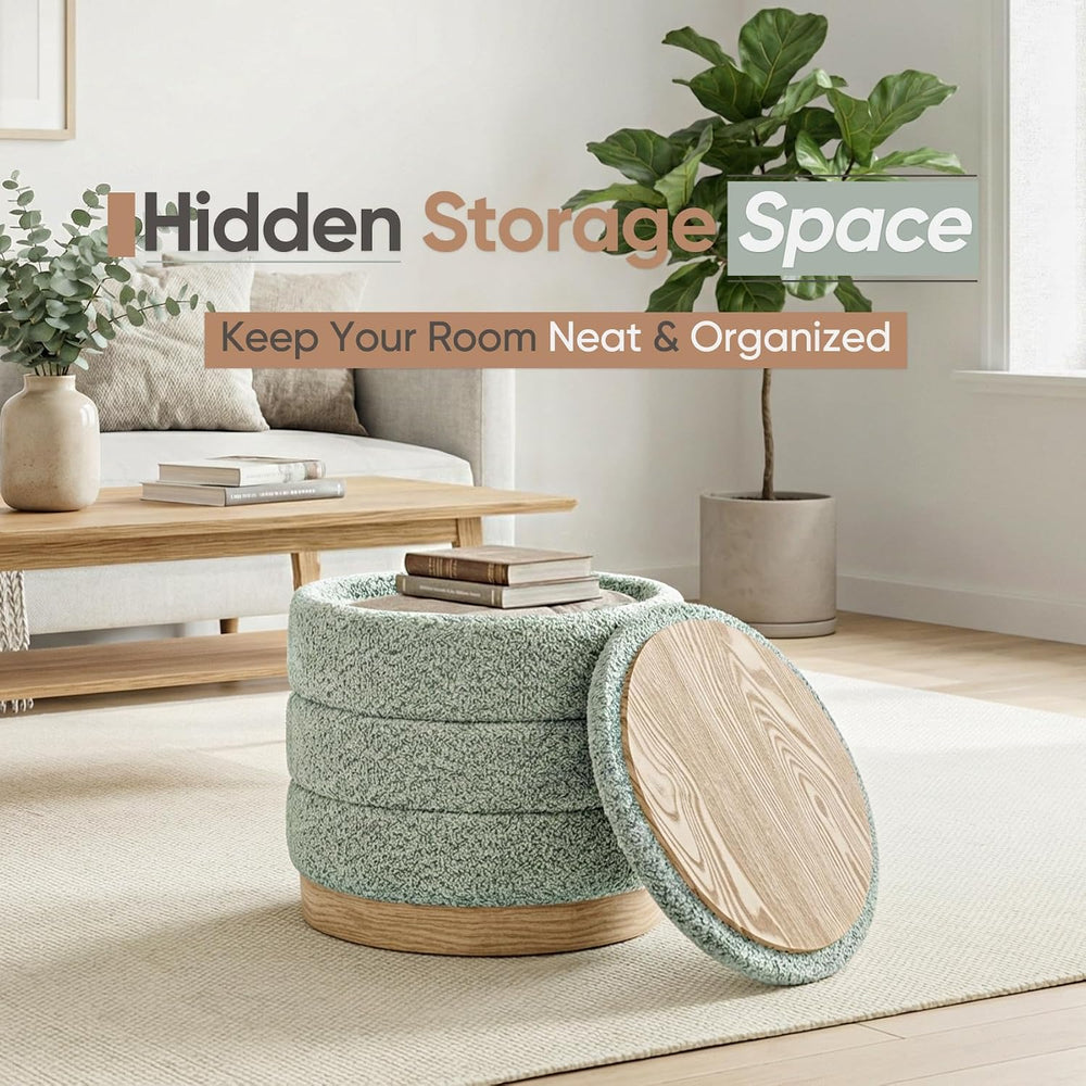 Round Storage Ottoman with Reversible Tray Lid, Folding Chenille Fabric Footr...