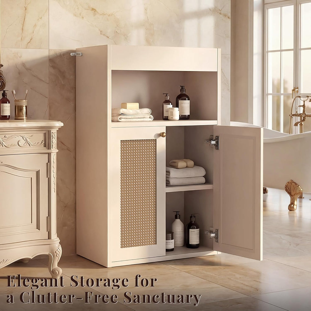 Rattan Bathroom Storage Cabinet, Freestanding Floor Organizer with Anti-Tip D...