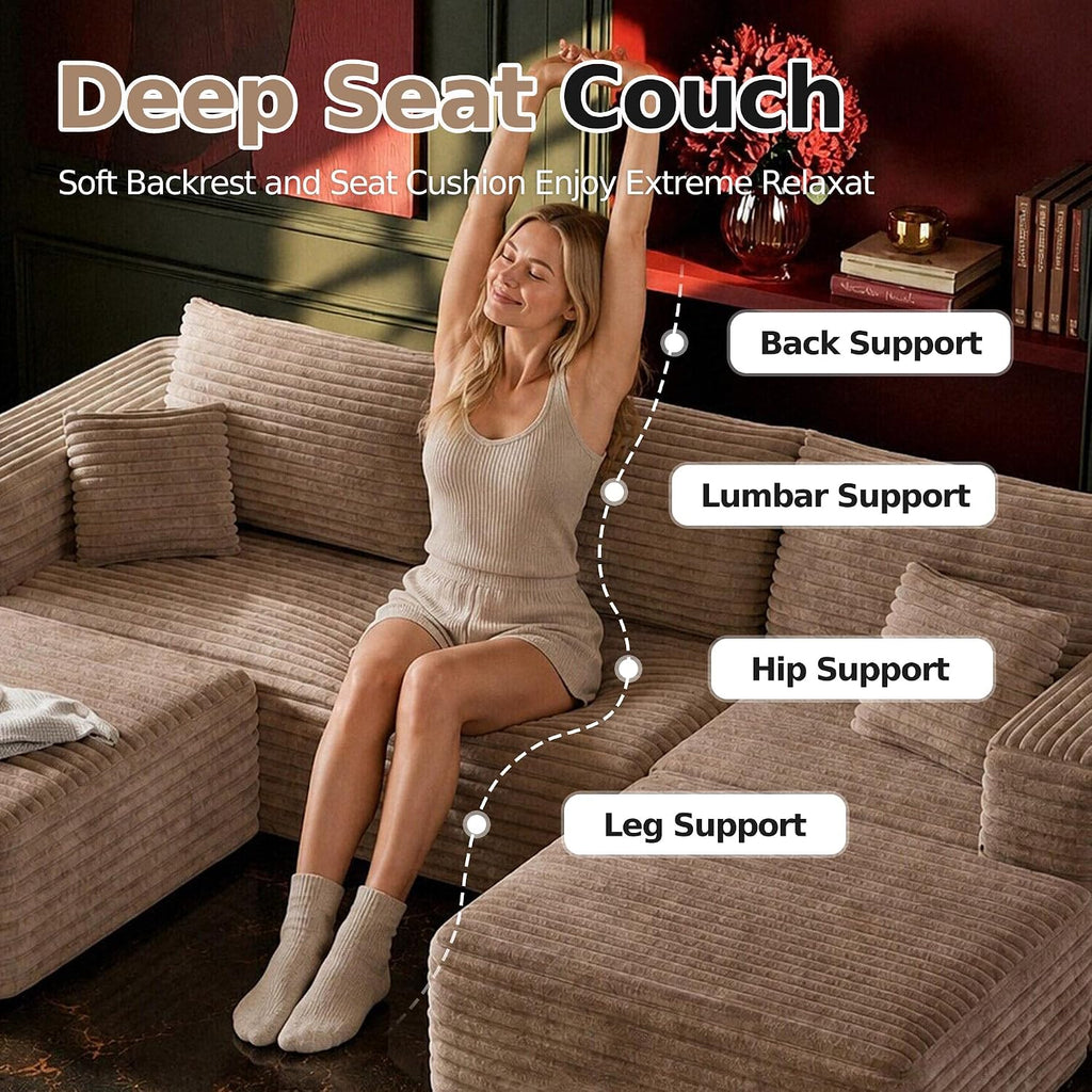 MoonSpeak 108" Boneless Sectional Cloud U Shaped Couch, Khaki | deep seat, 2 movable ottomans, soft corduroy fabric, no assembly, compressed delivery for living rooms