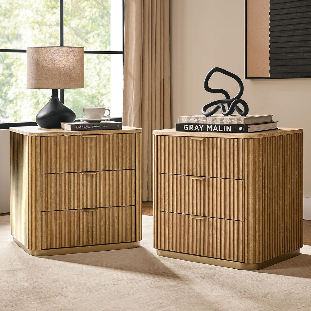 Fluted End Table Set of 2 with 3 Drawers, Solid Wood End Tables with Charging...