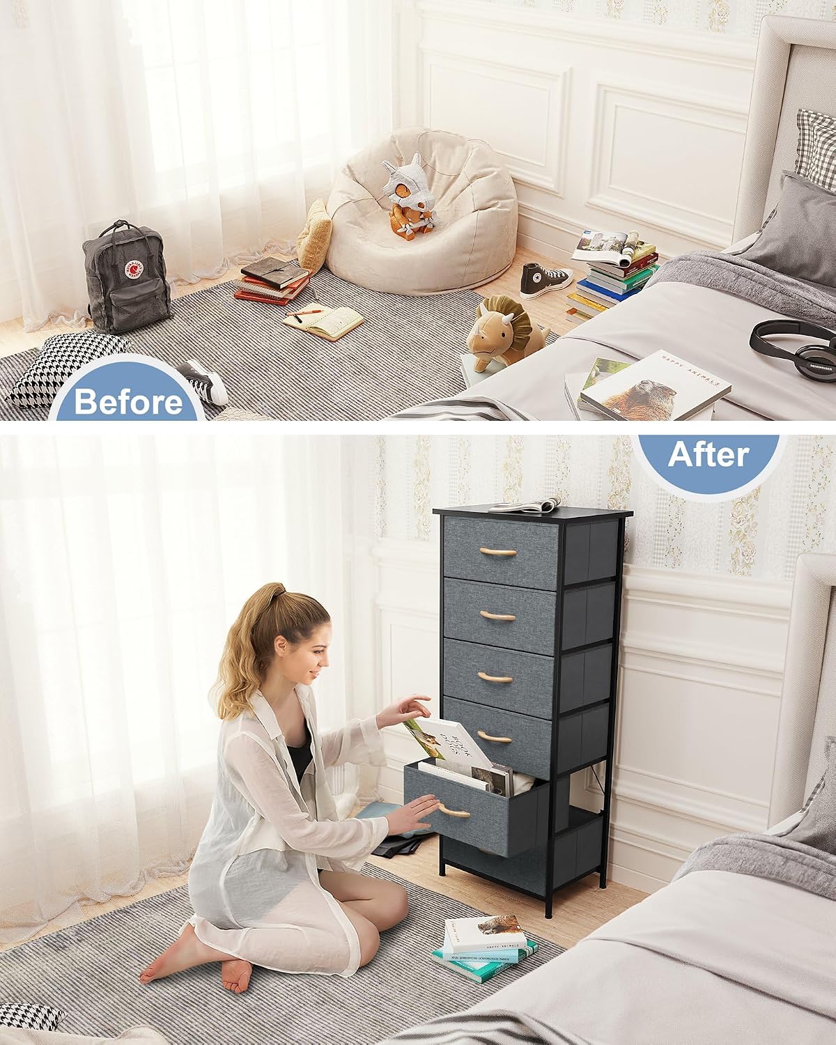 Tall 6-Drawer Fabric Dresser Tower for Closet, Vertical Storage, Gray | Sturdy Steel Frame, Wood Top and Easy Pull Fabric Bins Handles - Organizer Unit for Bedroom, Hallway, Entryway