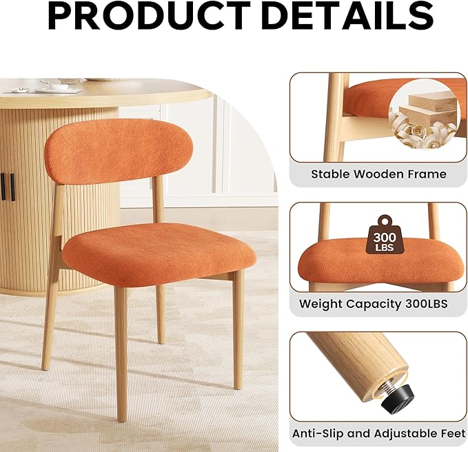 Wooden Dining Chair Set of 2, Modern Dining Chairs with with Curved Back, Fabric Upholstered Kitchen Dining Room Chairs with Adjustable Legs for Farmhouse Dining Living Room,Orange