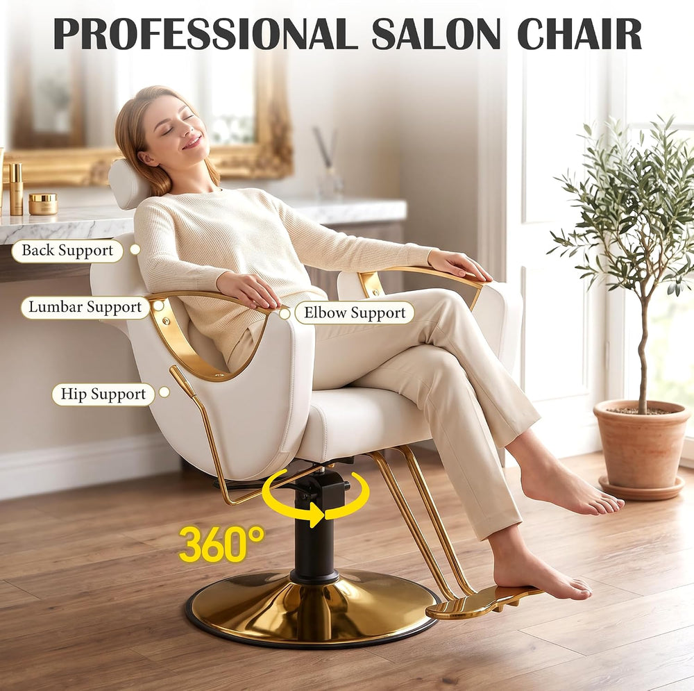 Salon Barber Chair for Hair Stylist, White Styling Chair with Height‑Adjustab...