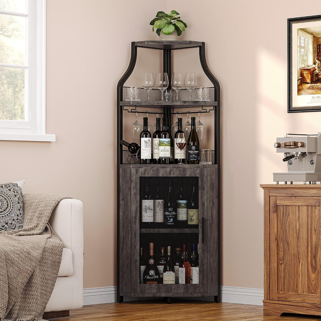 IDEALHOUSE Corner Bar Wine Cabinet with Glass Holder Wine Bar Rack Cabinet with Mesh Door & Glass Holder,Industrial Liquor Cabinet for Home, Kitchen, Dinning Room,Rustic Oak