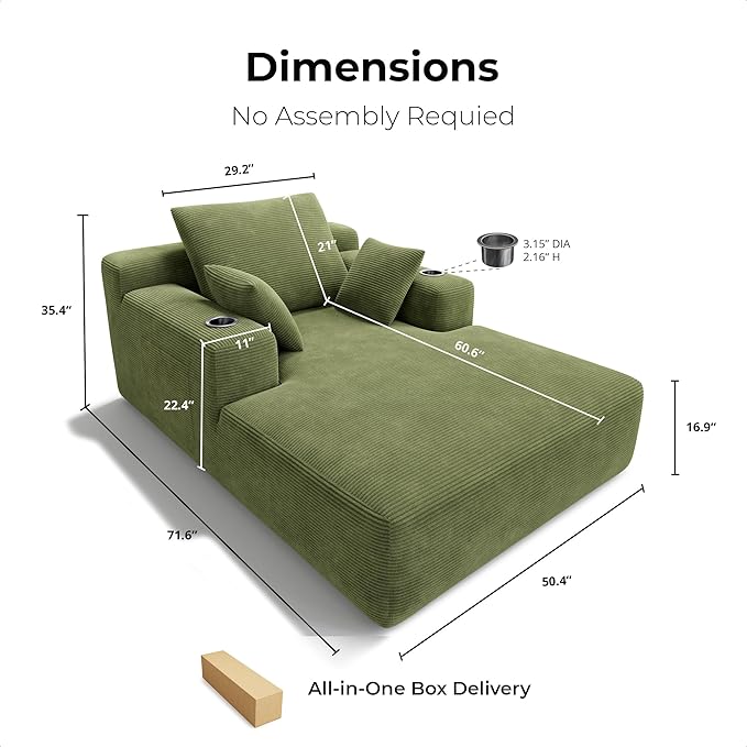 LIKIMIO 71.6" Oversized Chaise Lounge Chair Indoor with Cup Holders & Storage - Corduroy Sofa Bed for Living Room, Reading Nook, or Bedroom, No Assembly Cloud Couch (Green)