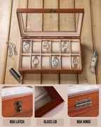 Watch Box, Watch Case for Men Women with Large Glass Lid, Wooden Watch Display Storage Box with 12 - Slots, Classic Walnut Mens Watch Box Organizer