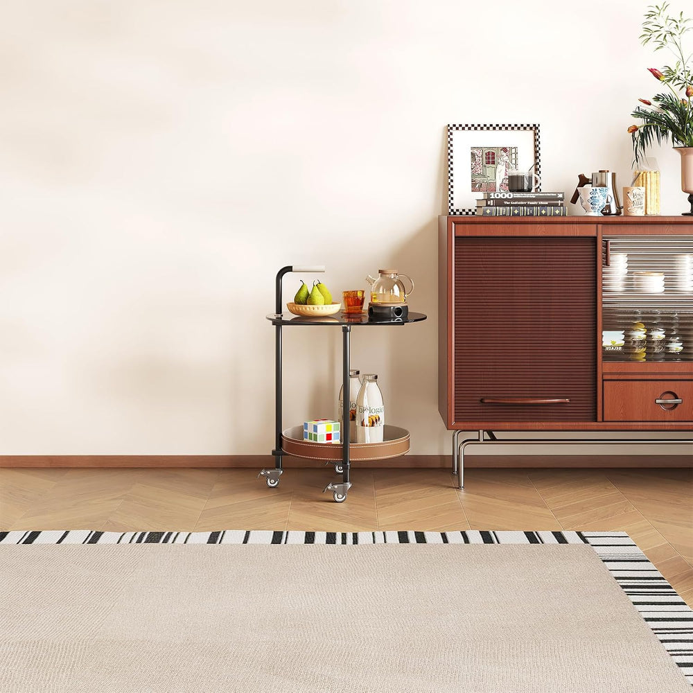 Sofa Side Table, 2-Tier Metal Frame Glass Top End Table on Wheels, Round Besi...