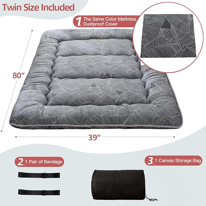 MAXYOYO Japanese Floor Mattress Futon Mattress, 4" Thicken Tatami Mat Sleeping Pad Foldable Roll Up Mat Boys Girls Dormitory Pad Kids Floor Lounger Pillow Bed, Charcoal Grey, Queen Size