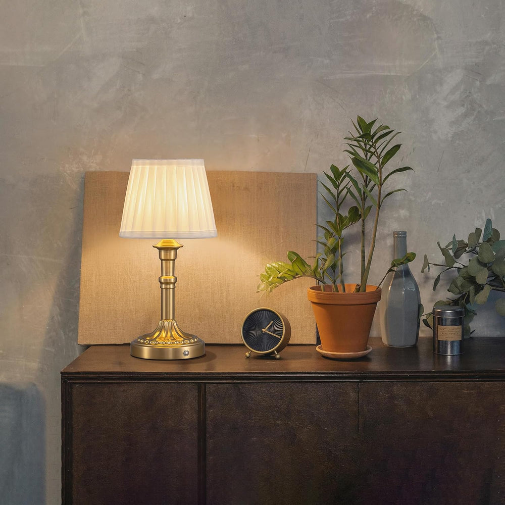 KDG Gold Cordless Portables Table Lamp, Beige Fabric Shade Small Desk Lamp