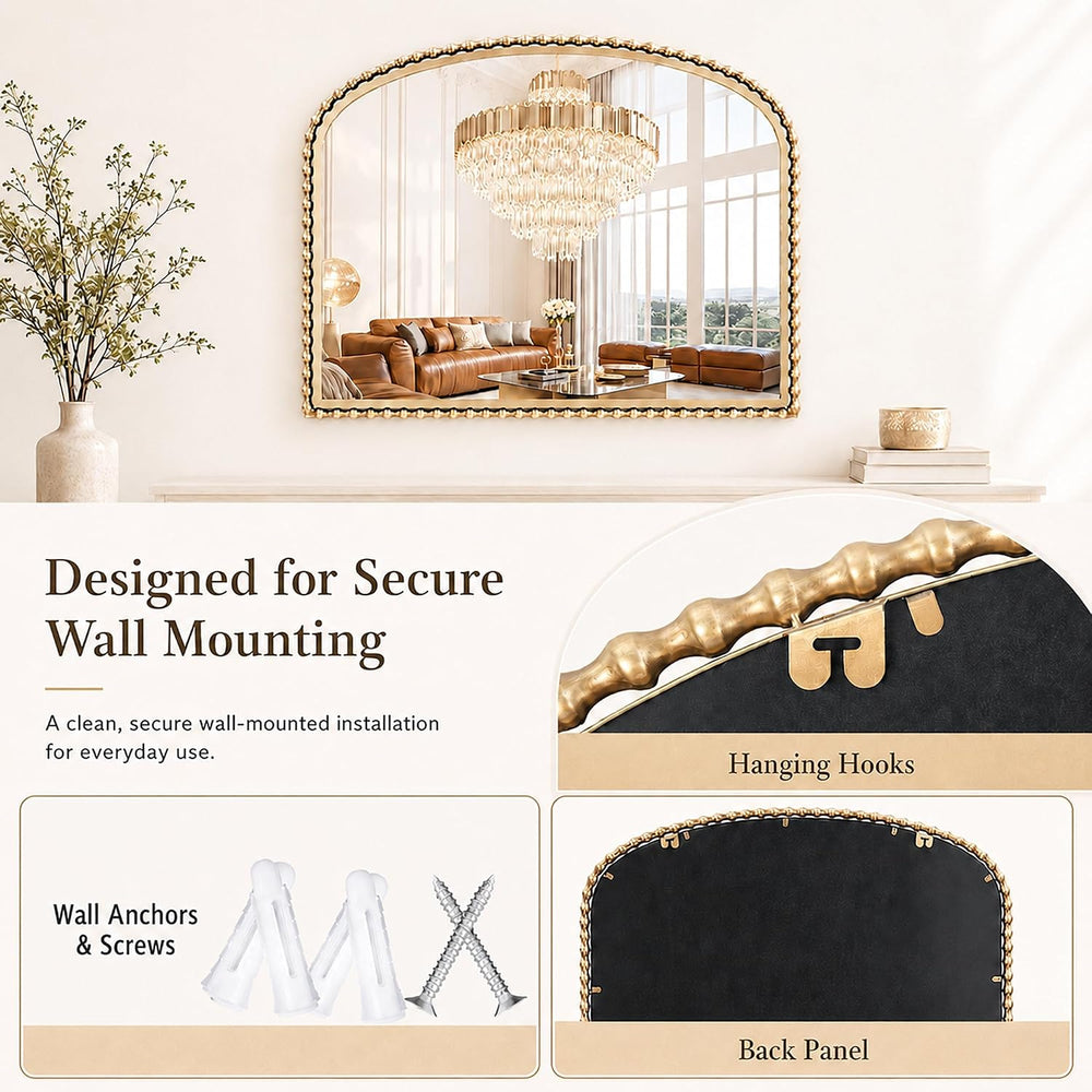 40"x30" Wide Arch Wall Mirror, Antique Gold Bold Beaded Frame