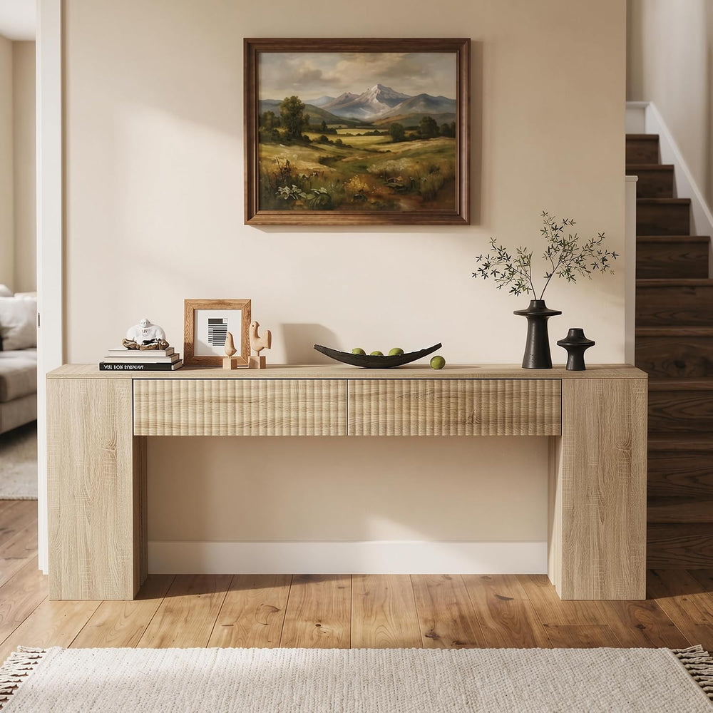 PAKASEPT 82.6 Inch Console Table with RGB LED Lights, Fluted Wood Entryway Ta...