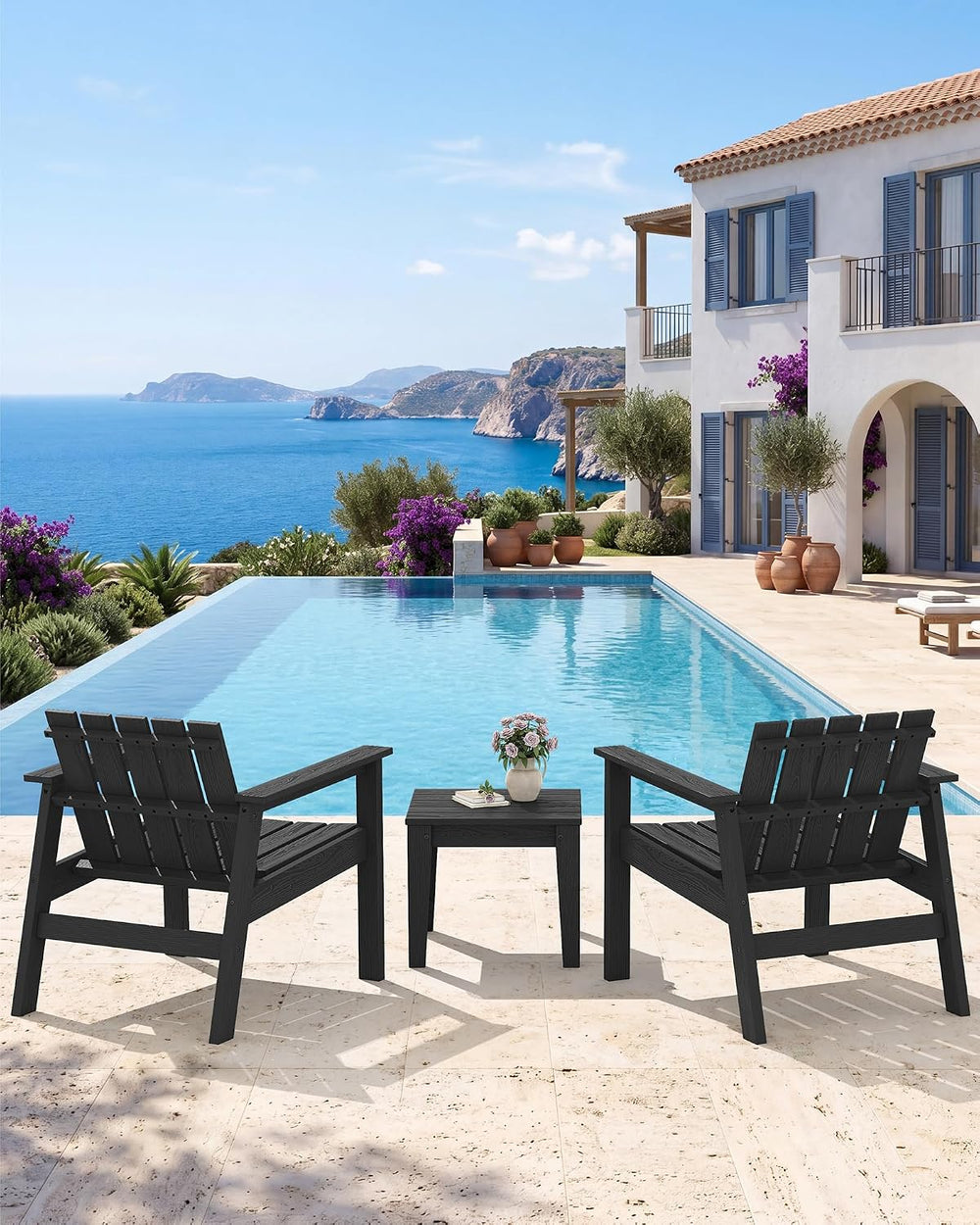 SERWALL Low Back Bistro Set-utdoor Adirondack Chairs and Side Table-Black