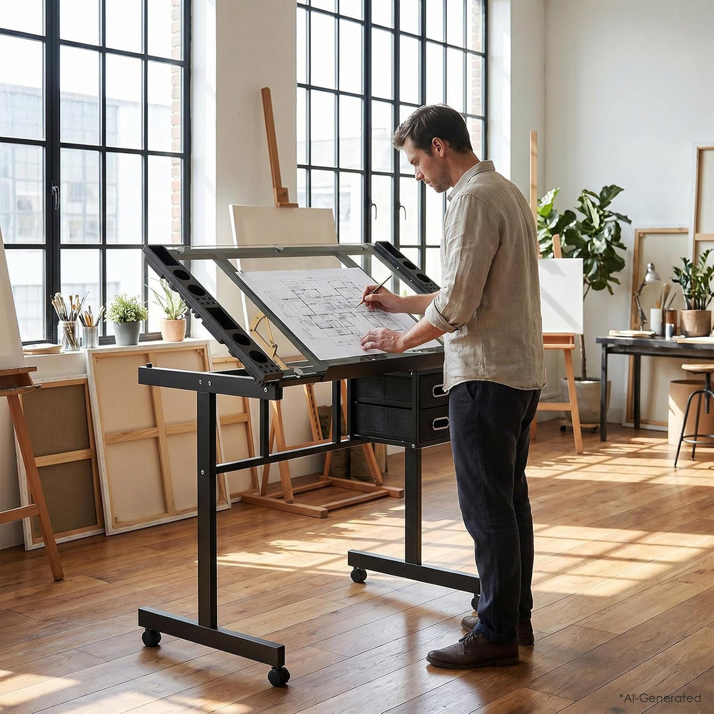 Rolling Drafting Table on Wheels, Painting Table Art Craft Desk Crafting Tabl...
