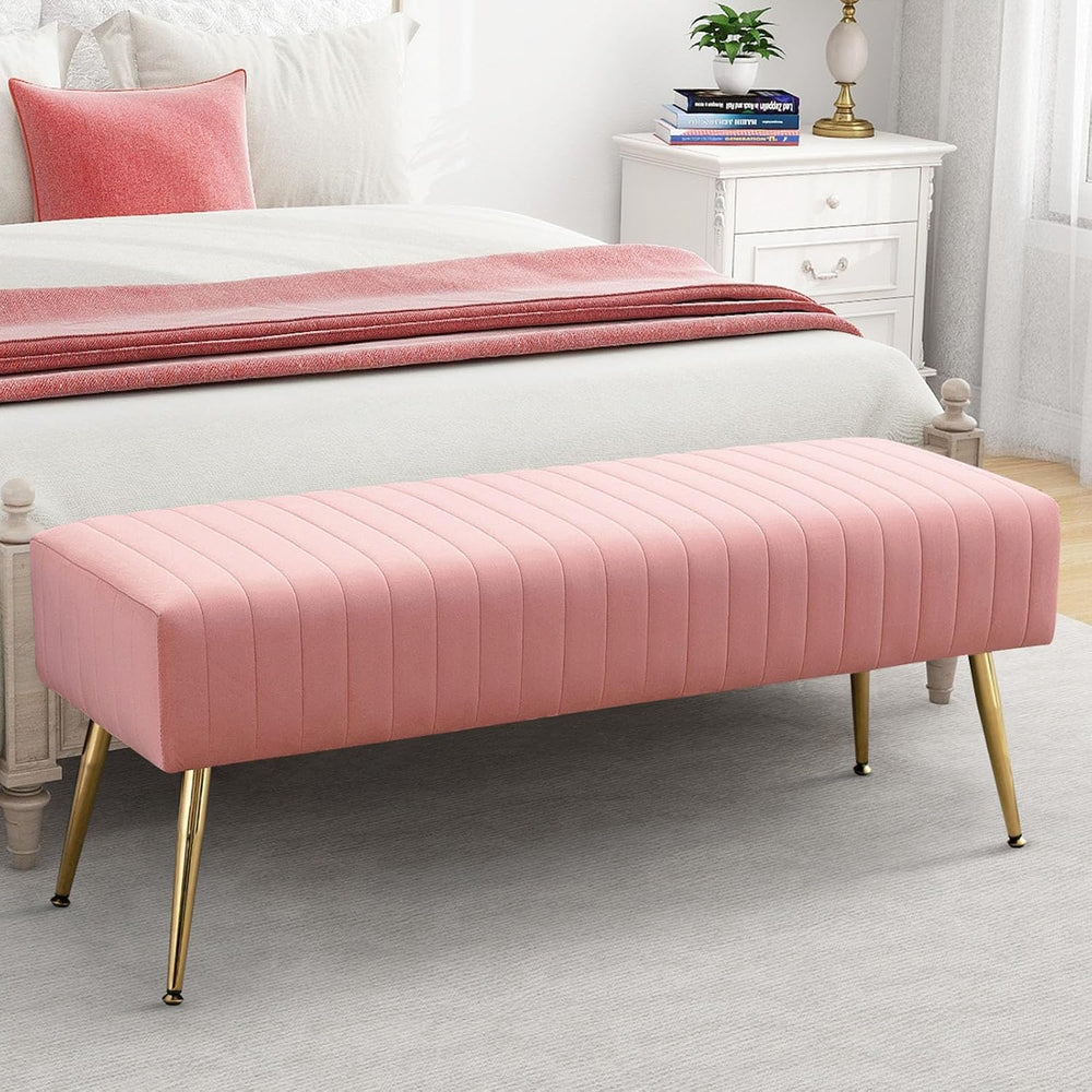 Furnimart 44 Inch Pink Velvet Ottoman Bench, Modern Upholstered Bedroom Bench...