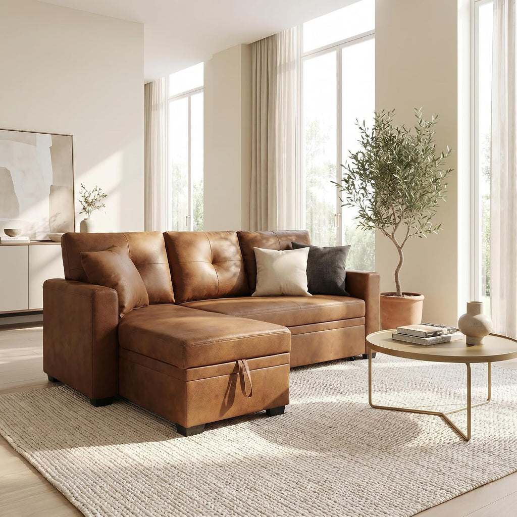 71" Brown Convertible Sofa Bed, L-Shaped Pull Out Couch with Storage Chaise | TYBOATLE, Sleeper Sofa Bed, Pull Out Couch Bed, Reversible Storage Chaise, Linen Fabric, Living Room, Apartment, Guest Room