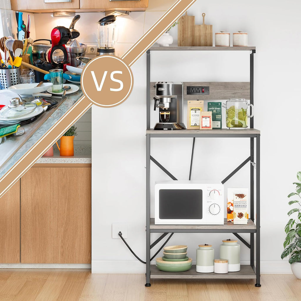 Kitchen Bakers Rack with Power Outlet, Microwave Stand with 6 S-Shaped Hooks, 4-Tier Coffee Bar Microwave Rack (Grey)