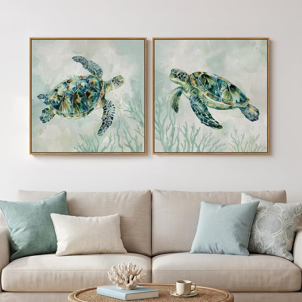 Large Framed Coastal Green Sea Turtle Wall Art for Living Room, 24x24 Inch